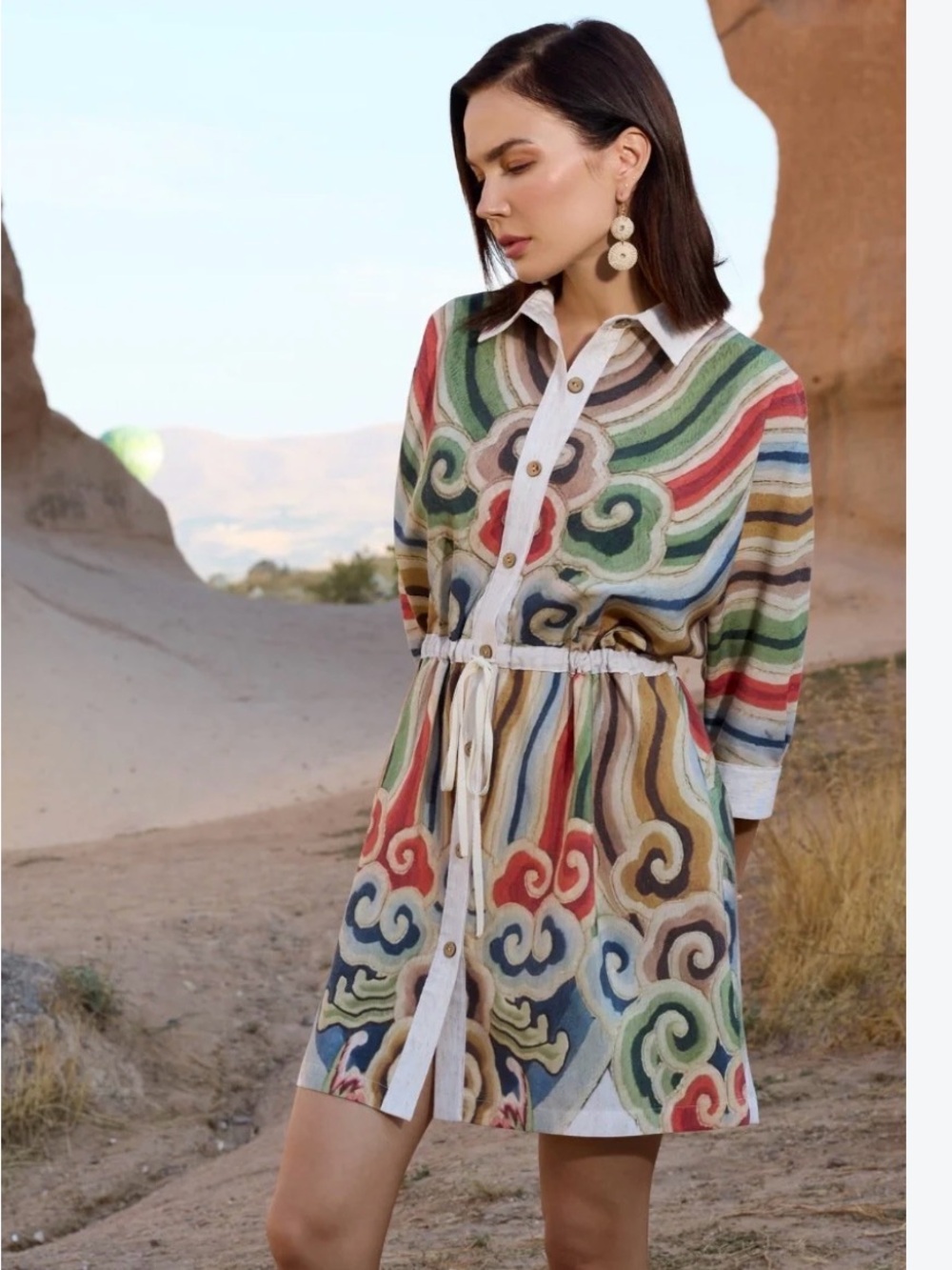 Multicolor Patterned Shirt Dress with Drawstring Waist Fall xs